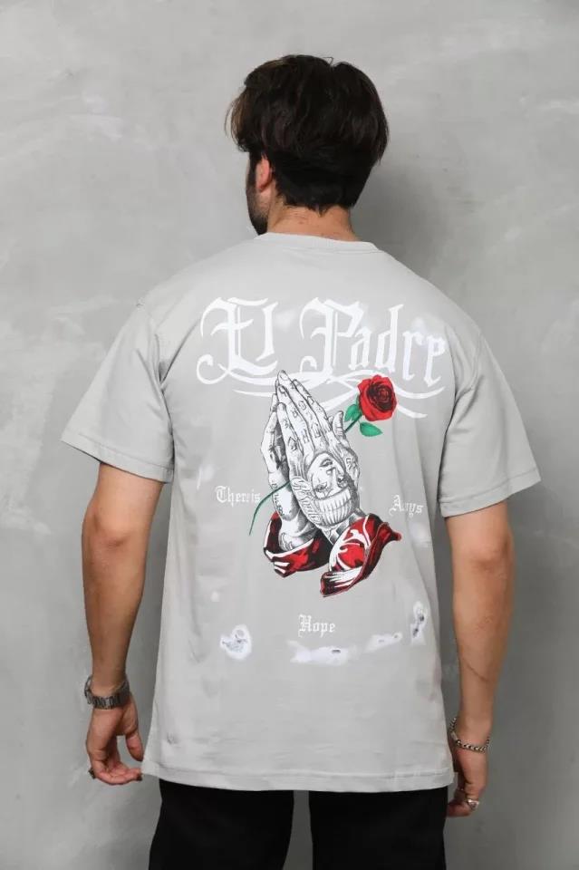 Unisex Bisiklet Yaka Baskılı Oversize T-Shirt - Siyah