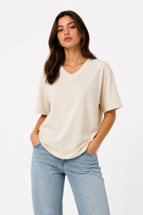 V Yaka Basic Tişört Kısa Kol Yazlık Regular Fit T-Shirt - Bej