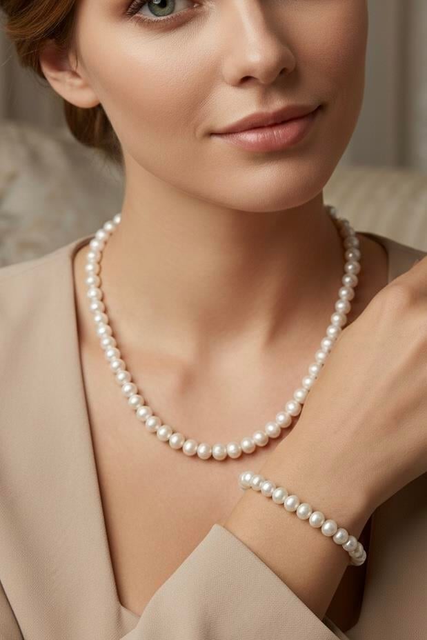 Sertifikalı Gerçek 8mm İnci set , 925 Ayar Gümüş , inci kolye, inci bileklik