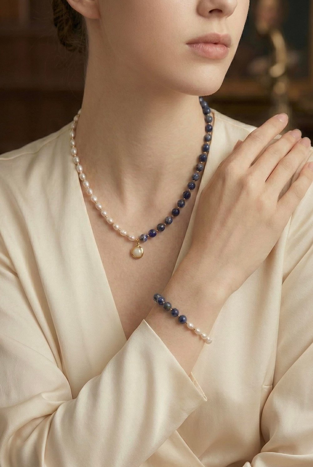 Sertifikalı Gerçek Inci Lapis Lazuli  bileklik set, Inci Ve Lapis Taşlı set, Gerçek Inci