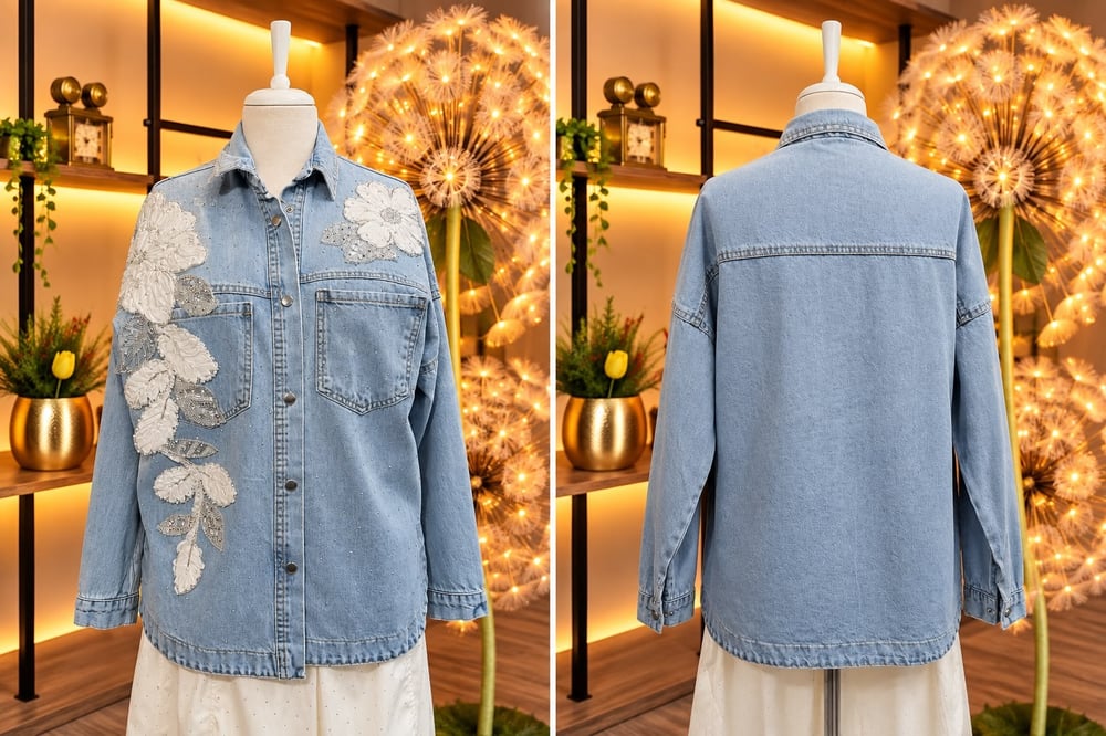 Açık Mavi Beyaz Çiçek Aplikeli Taş Detaylı Oversize Kadın Kot Gömlek