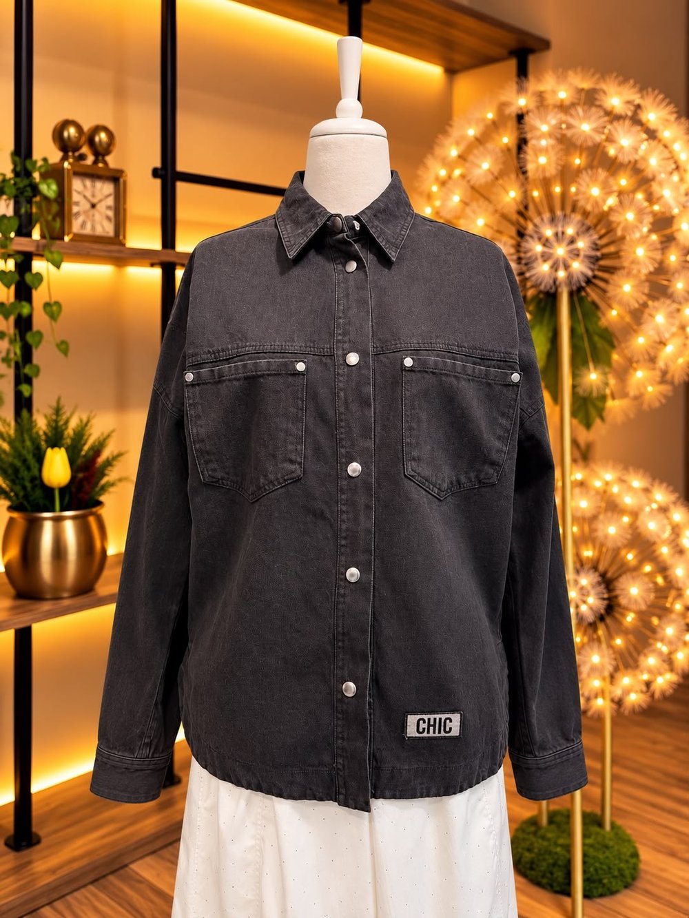 Antrasit CHIC Etiket Detaylı Oversize Kadın Kot Gömlek