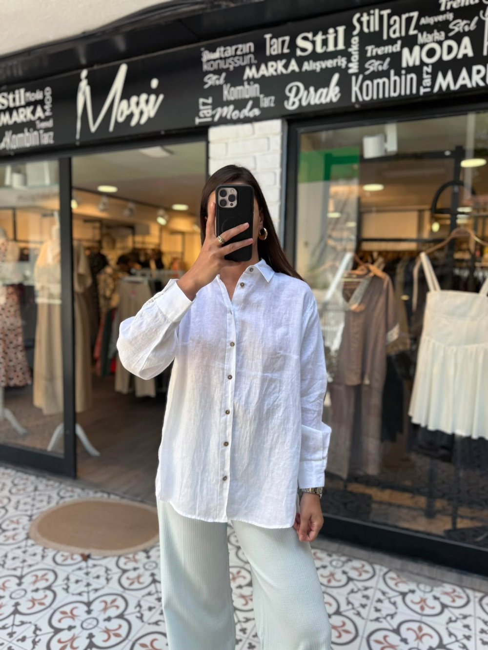 Beyaz %100 Keten Oversize Kadın Gömlek