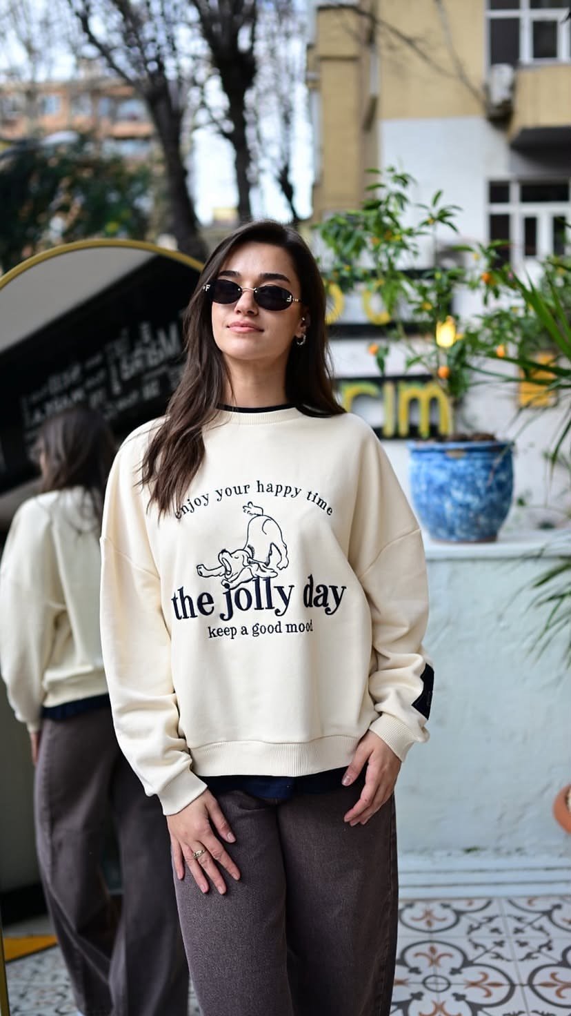 Ekru Jolly Day Baskılı Oversize Sweatshirt