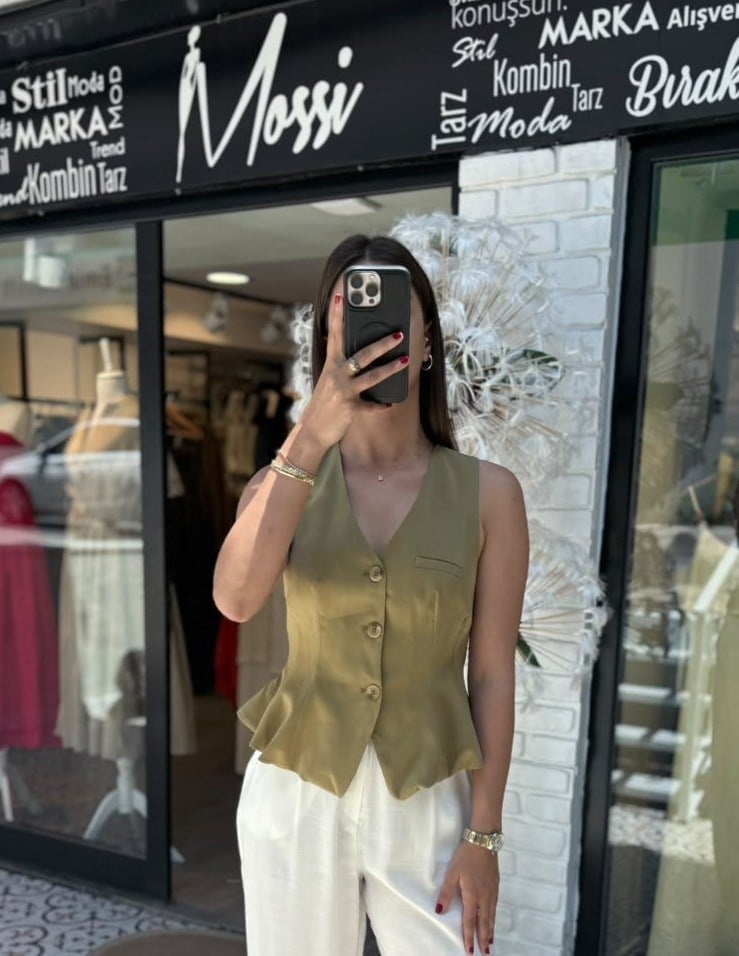 Haki V Yaka Düğmeli Peplum Yelek