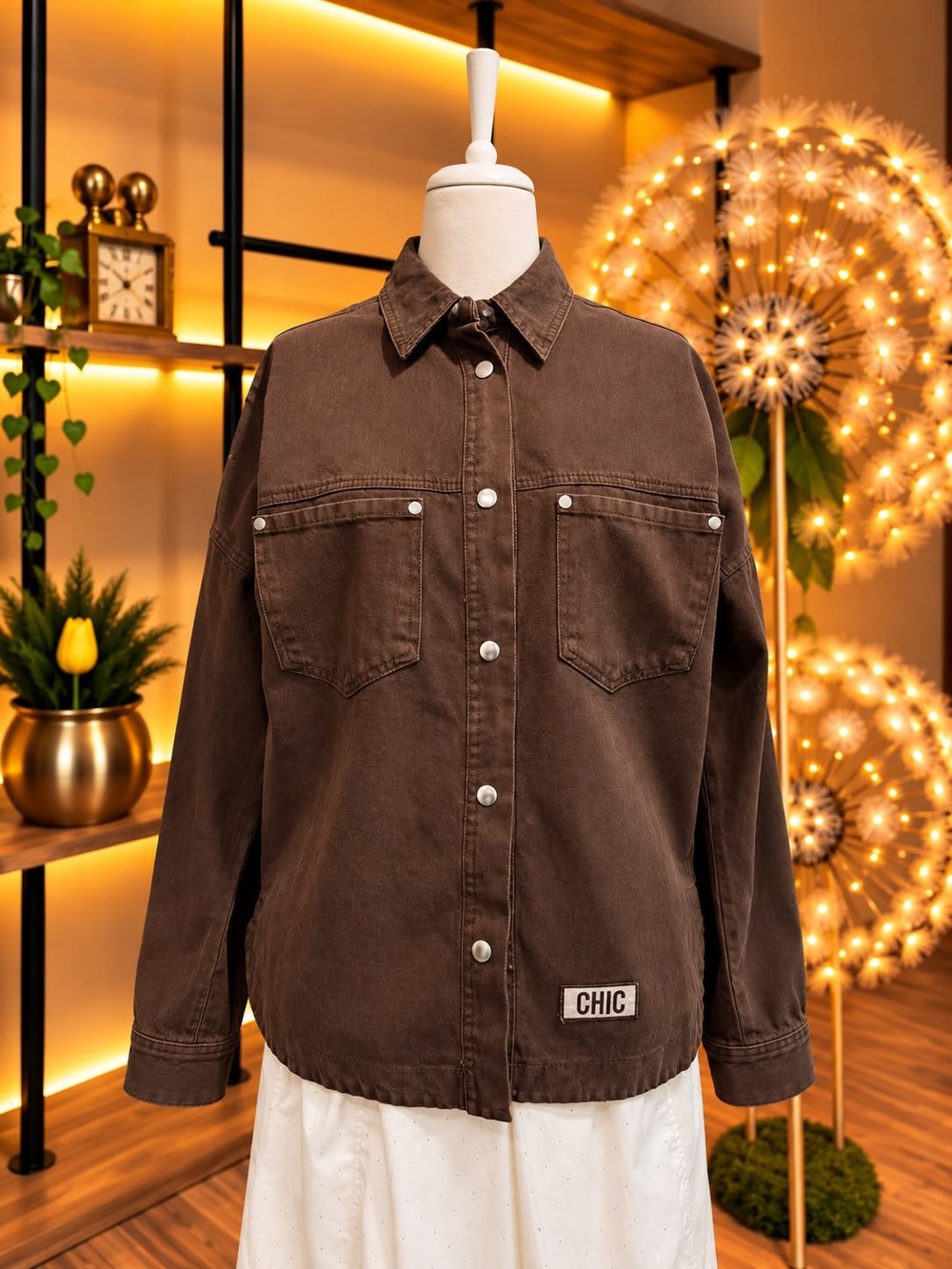 Kahverengi CHIC Etiket Detaylı Oversize Kadın Kot Gömlek