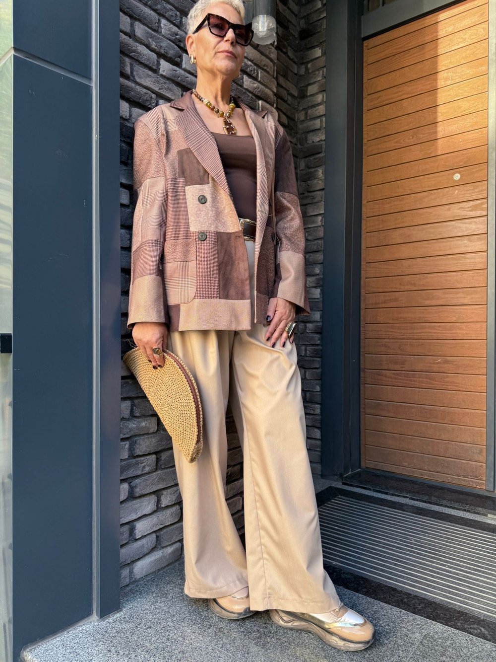 Patchwork Desenli Oversize Blazer Ceket – Kahve Ton