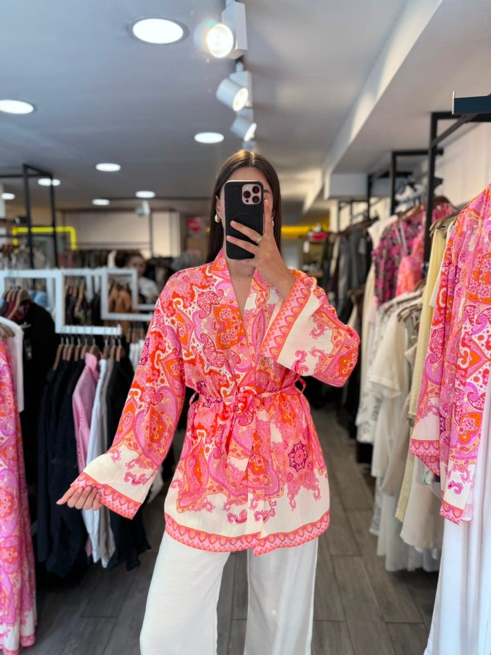 Pembe Etnik Desenli Kuşaklı Kimono Ceket