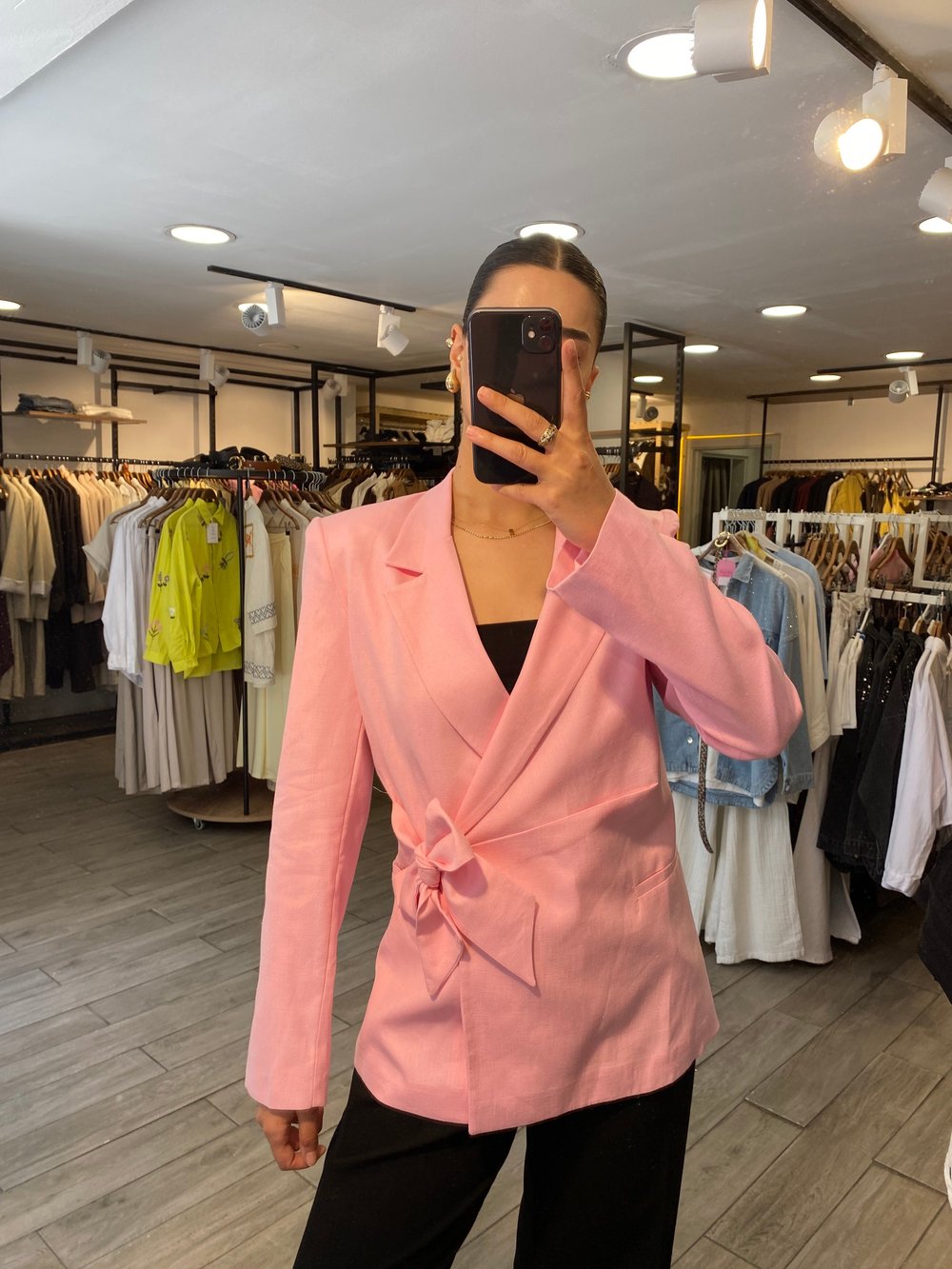Pembe Kruvaze Bağlama Detaylı Keten Ceket