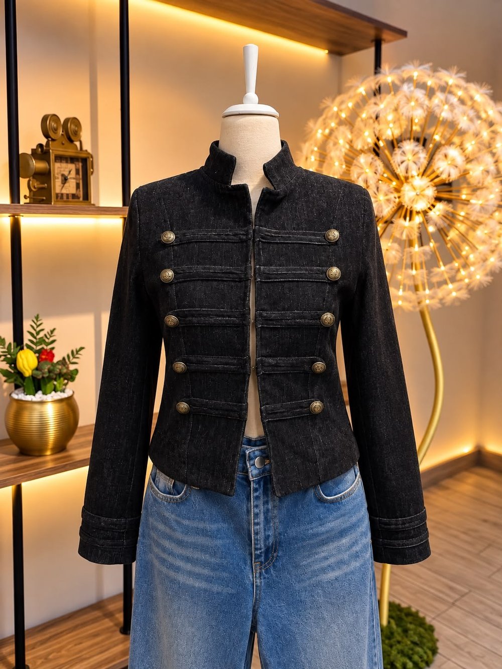 Siyah Gold Düğmeli Şerit Detaylı Askeri Model Kadın Ceket