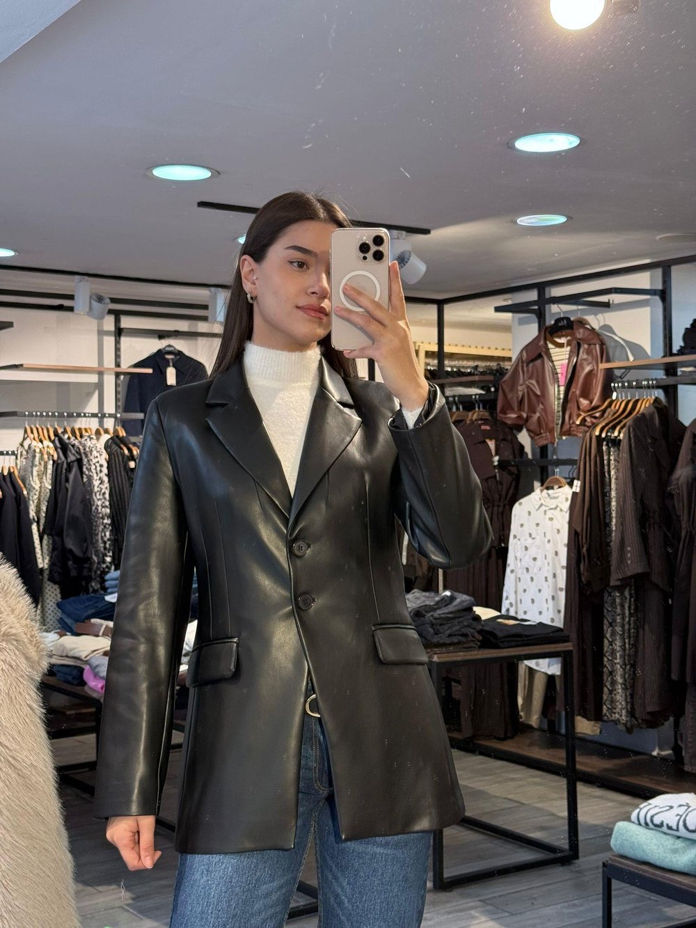 Siyah Suni Deri Blazer Ceket – Modern Kesim Şık Kadın Ceket