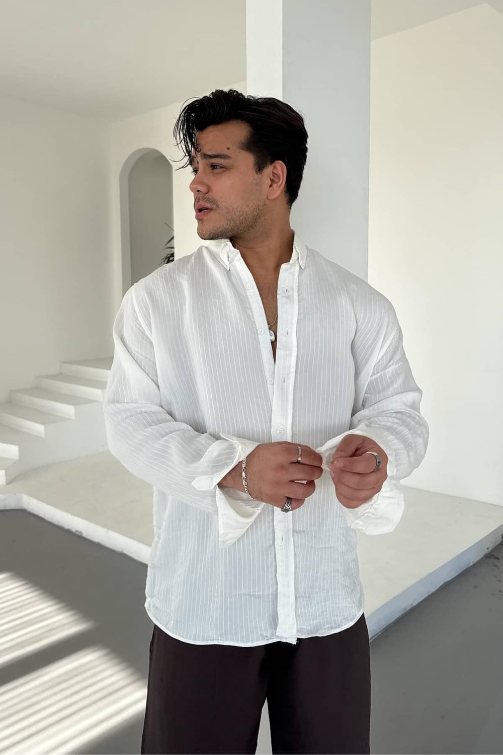 Beyaz Çizgili Oversize Gömlek