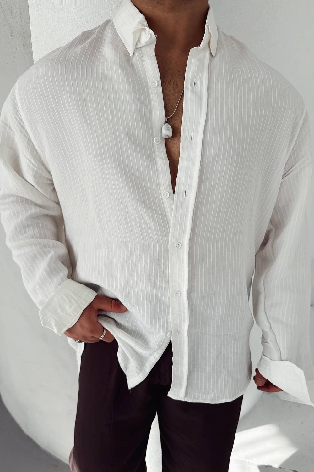 Beyaz Çizgili Oversize Gömlek