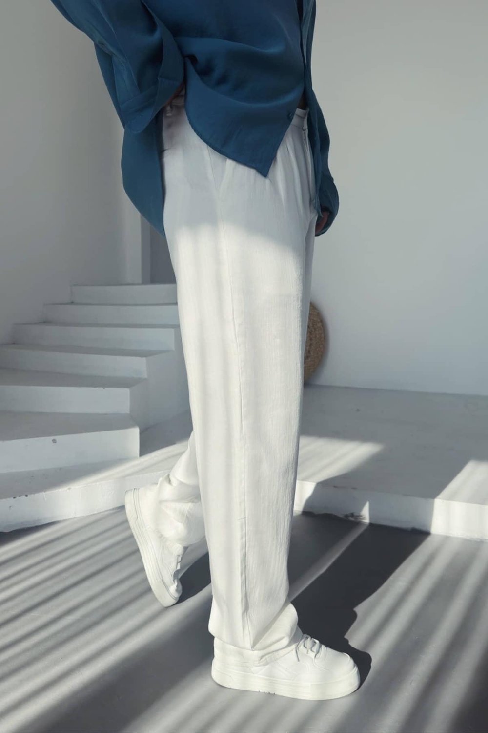 Beyaz Keten Baggy Pantolon