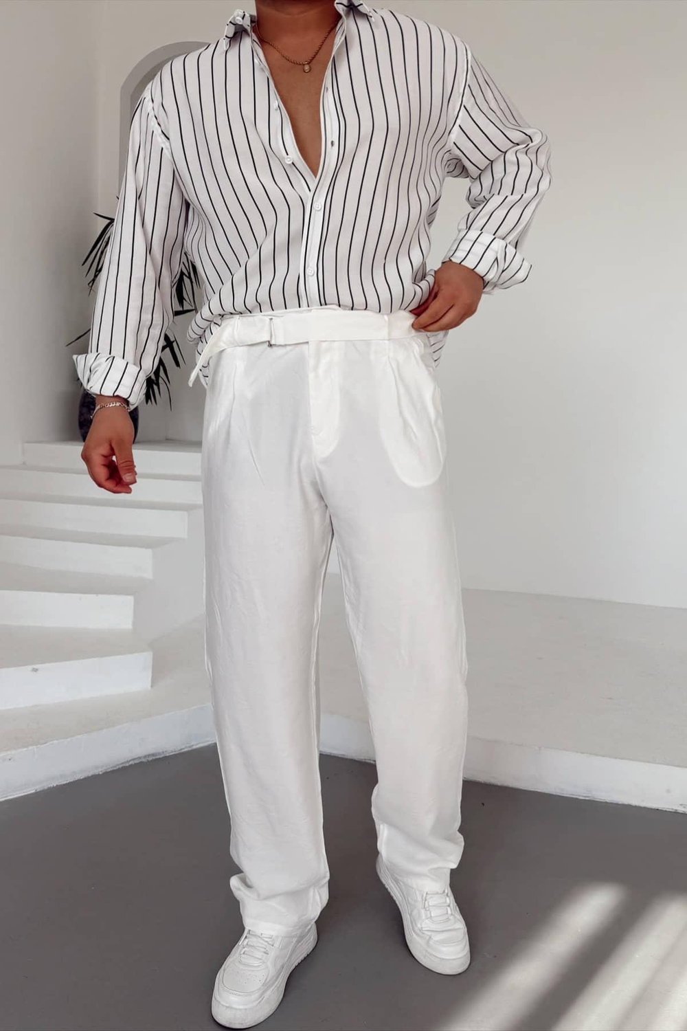 Beyaz Modal Kemerli Baggy Pantolon