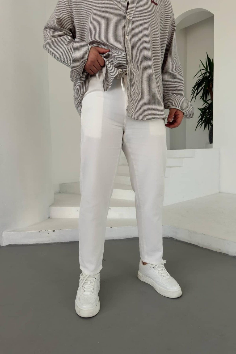 Ekru Boyfriend İpli Pantolon