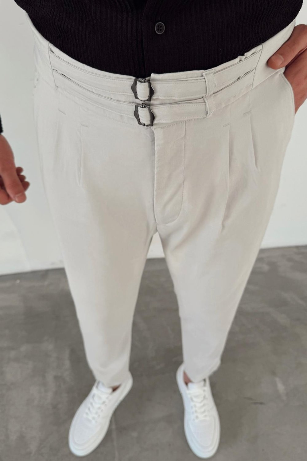 Gri Çift Kemerli Gabardin Pantolon