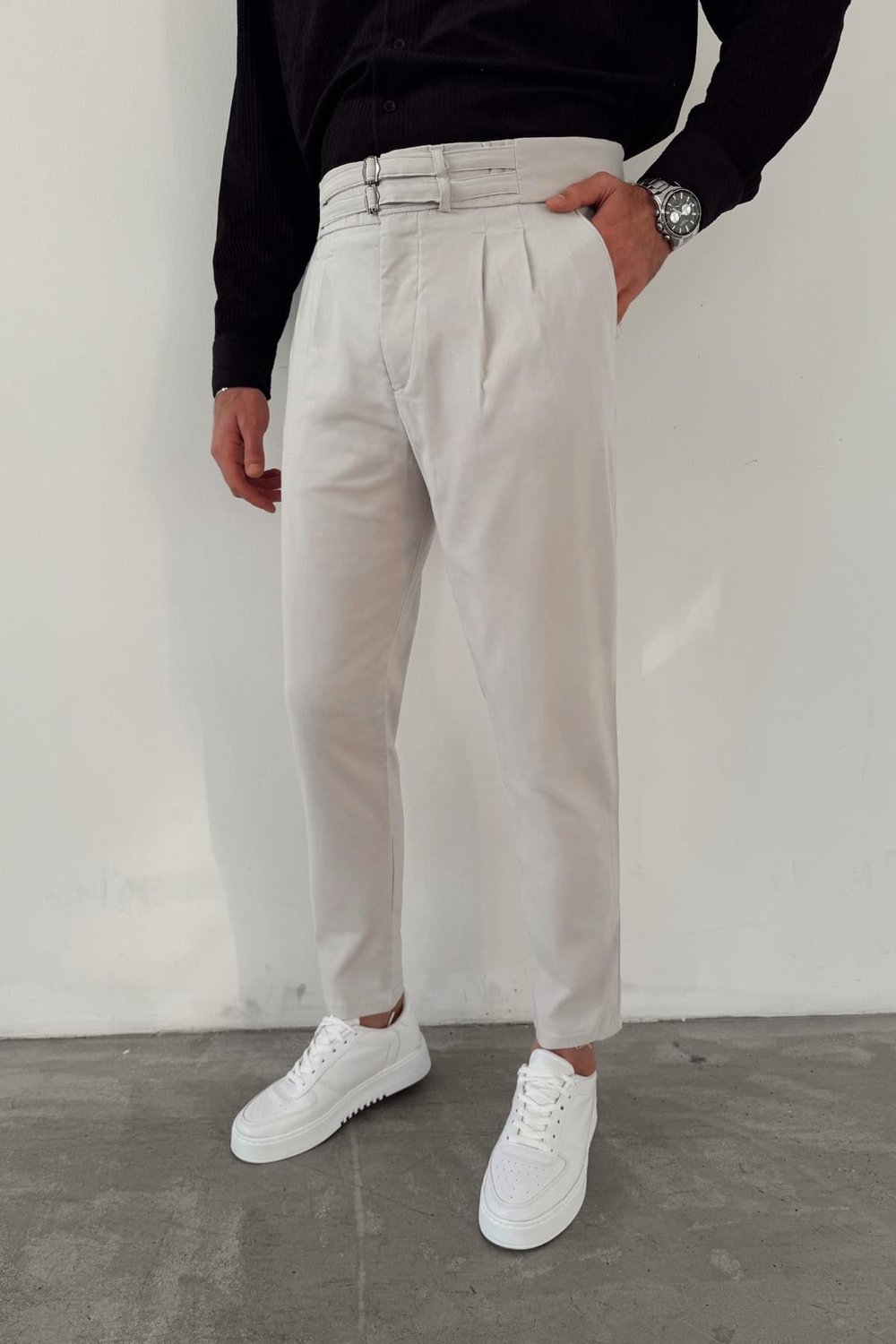 Gri Çift Kemerli Gabardin Pantolon