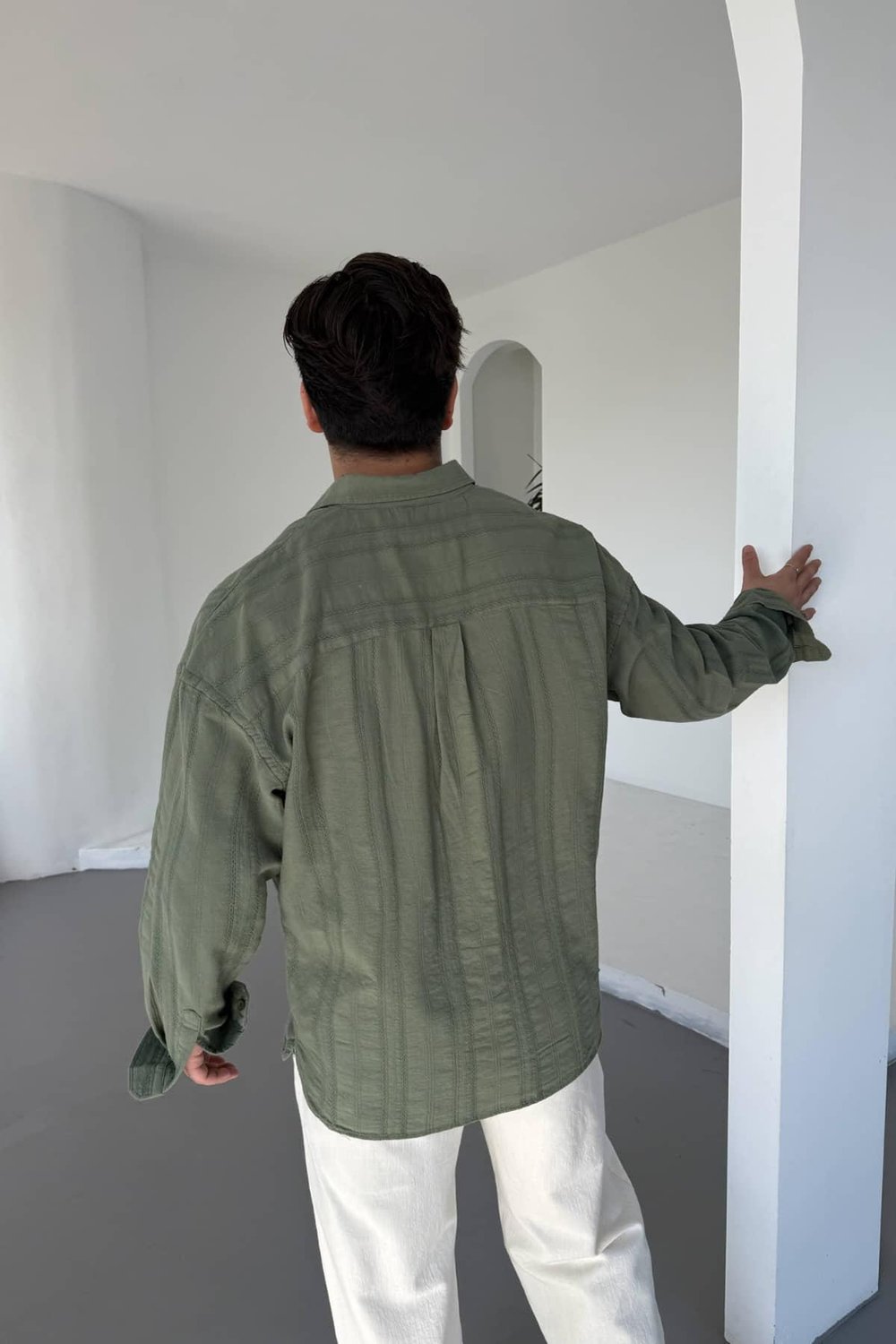 Haki Yeşil Linen Nakışlı Keten Gömlek