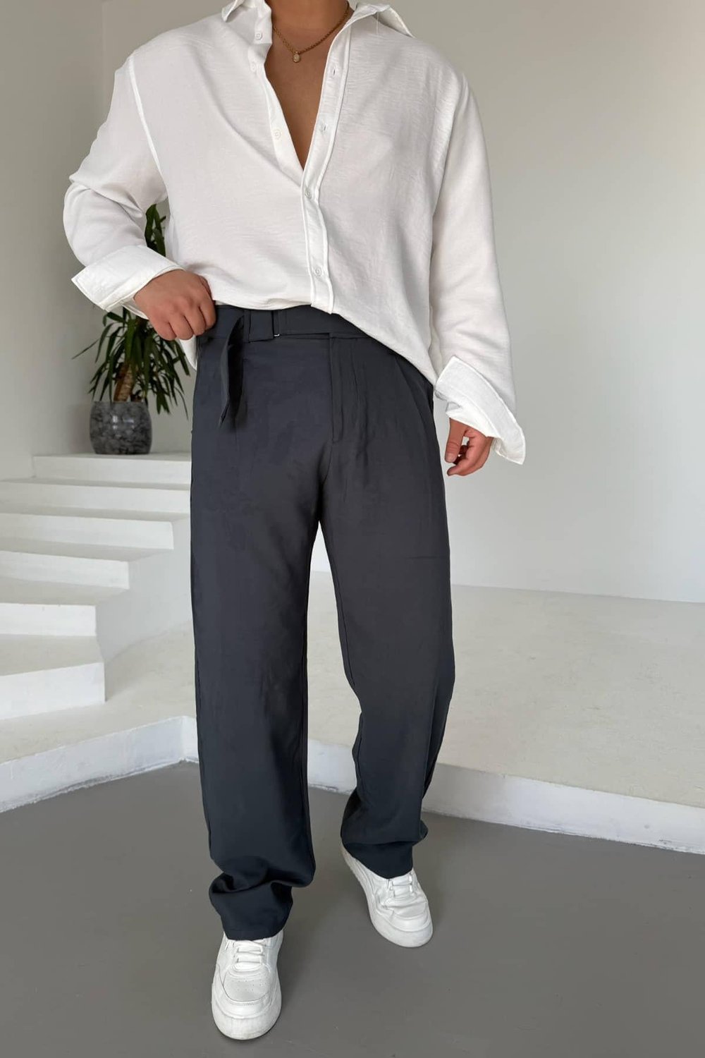 İndigo Modal Kemerli Baggy Pantolon