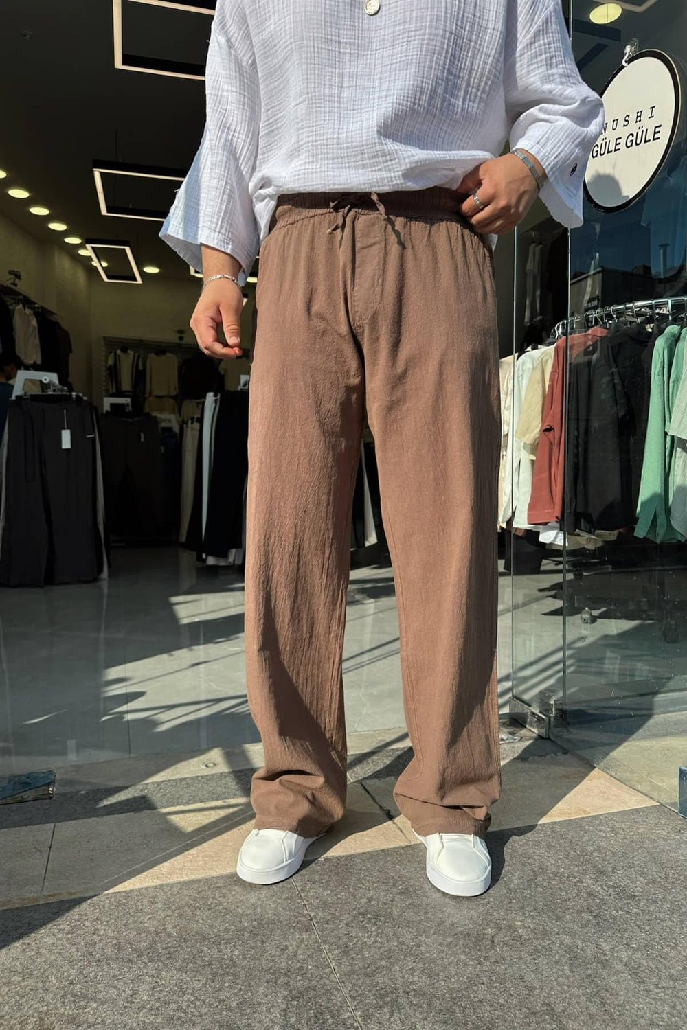 Kahve Bol Kalıp Keten Pantolon