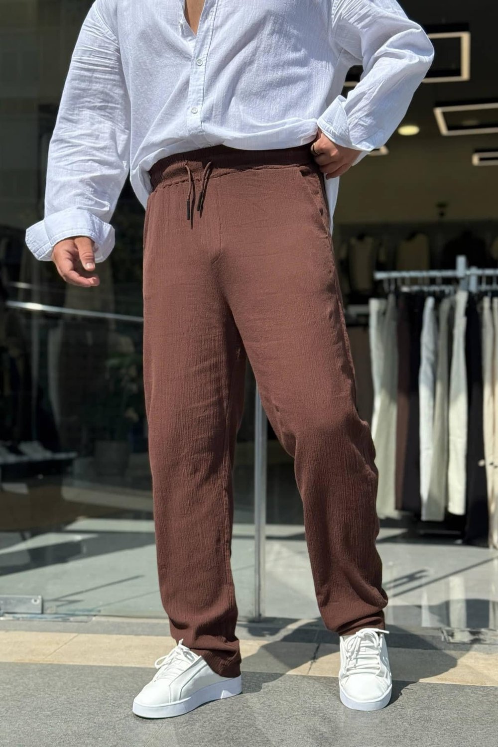Kahve Kırınkıl Boru Paça Pantolon