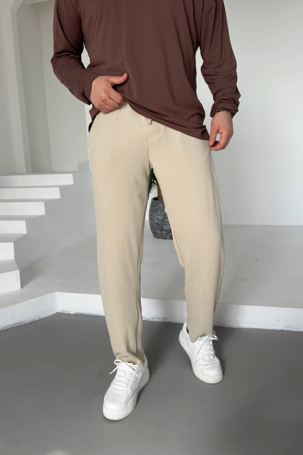 Krem İnce Fitilli Jogger