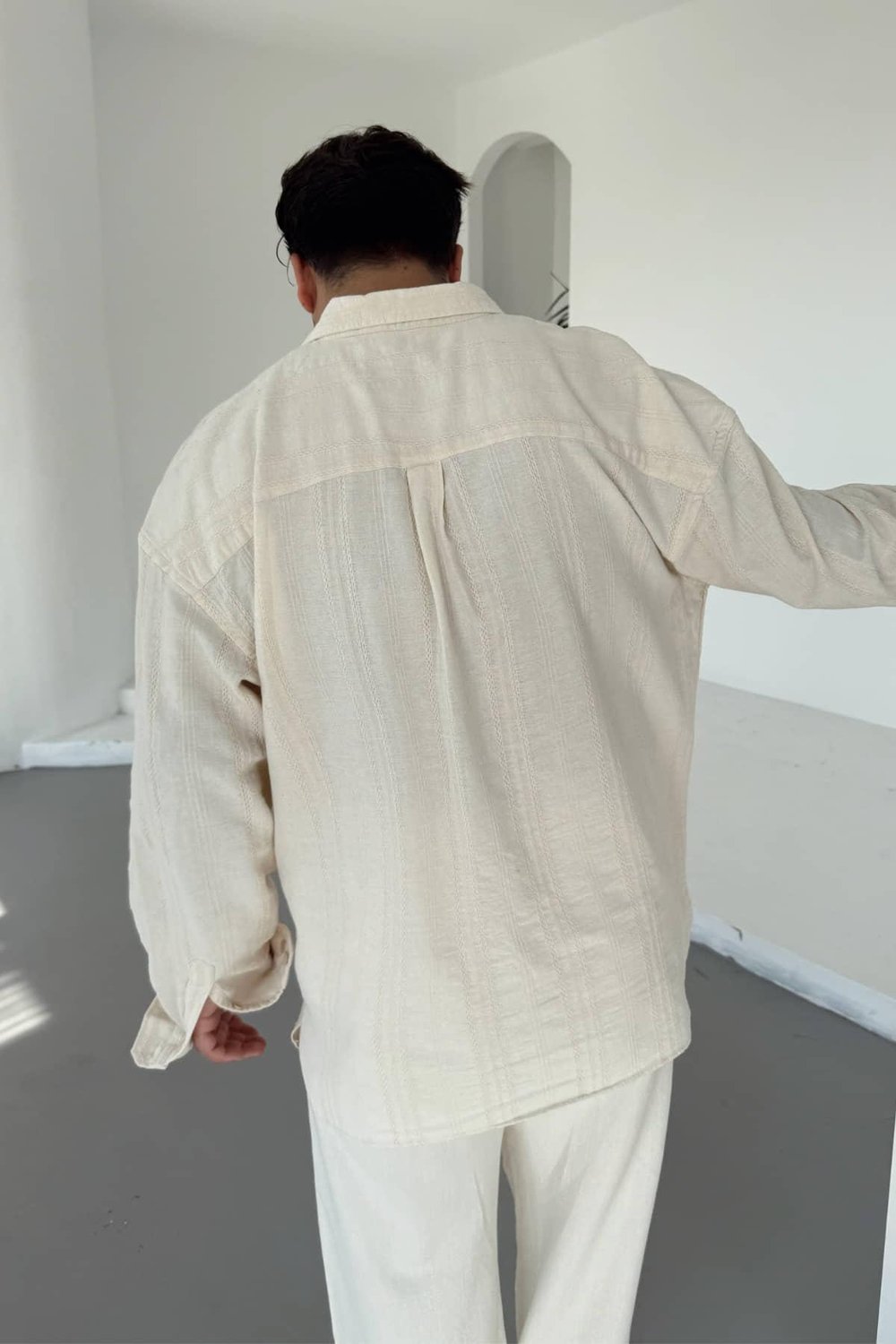 Krem Linen Nakışlı Keten Gömlek