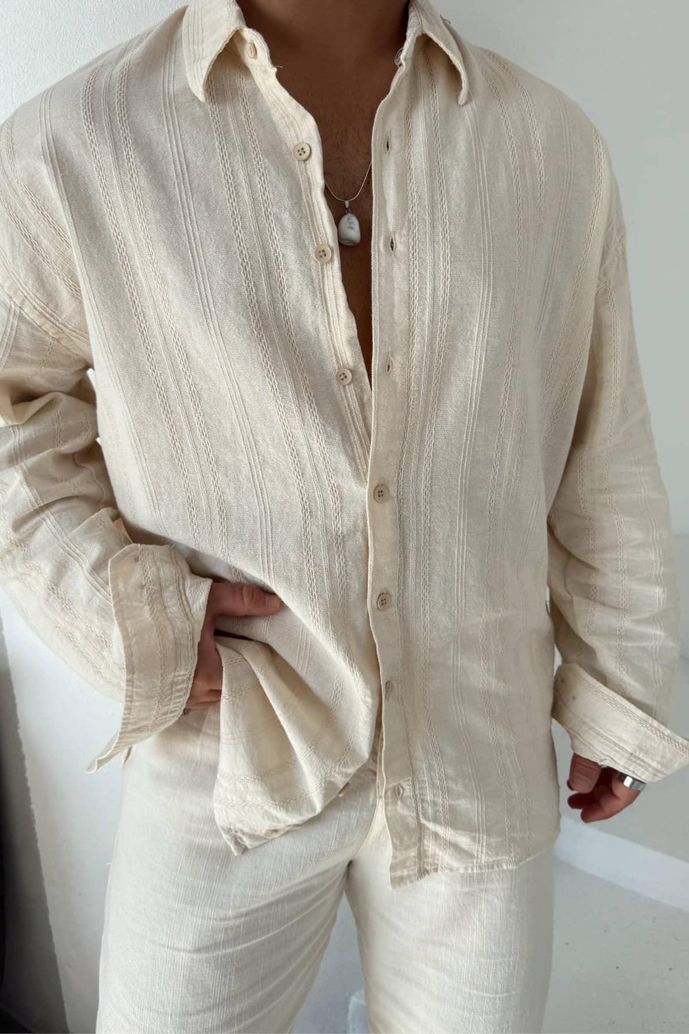 Krem Linen Nakışlı Keten Gömlek