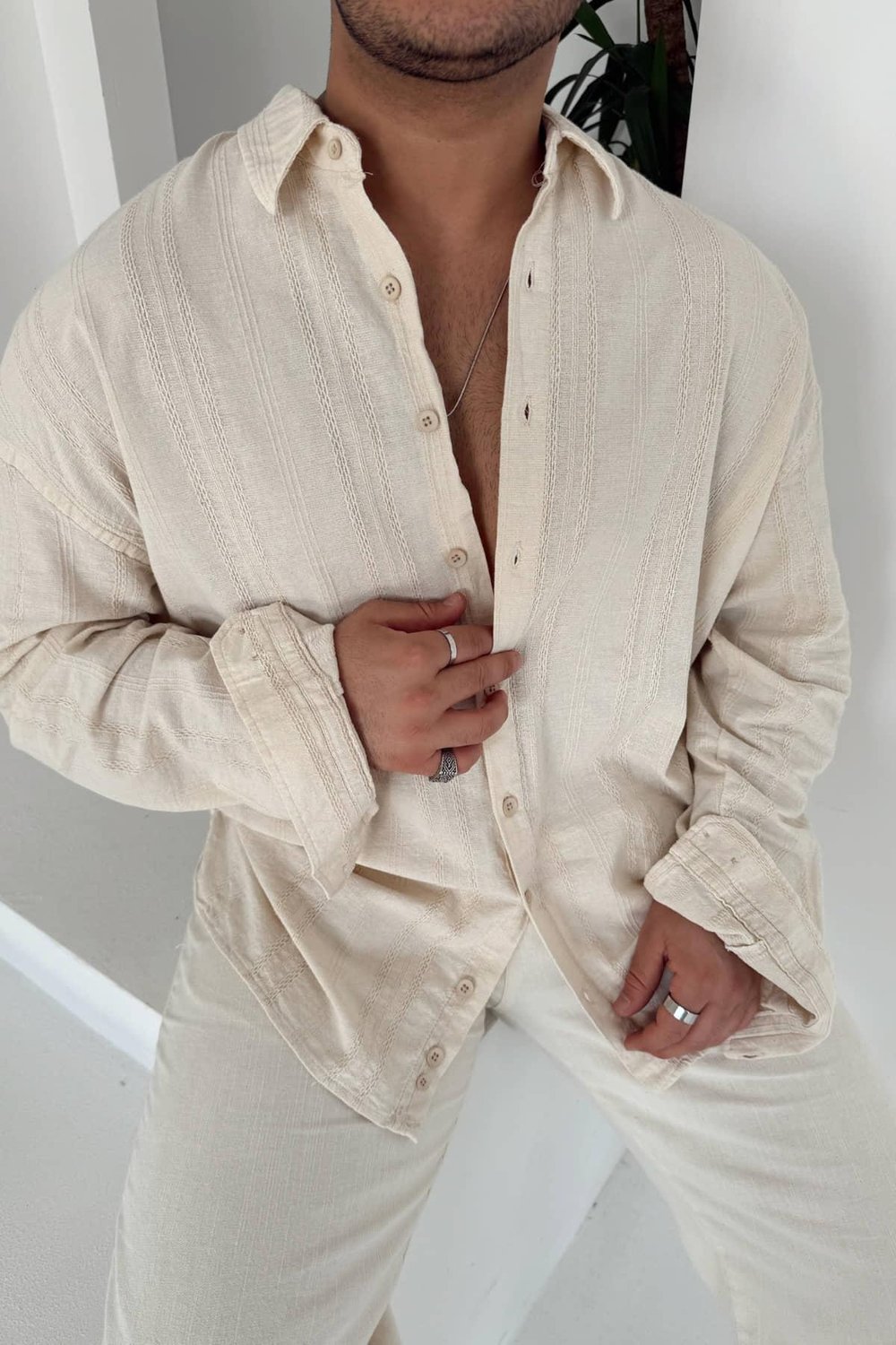 Krem Linen Nakışlı Keten Gömlek
