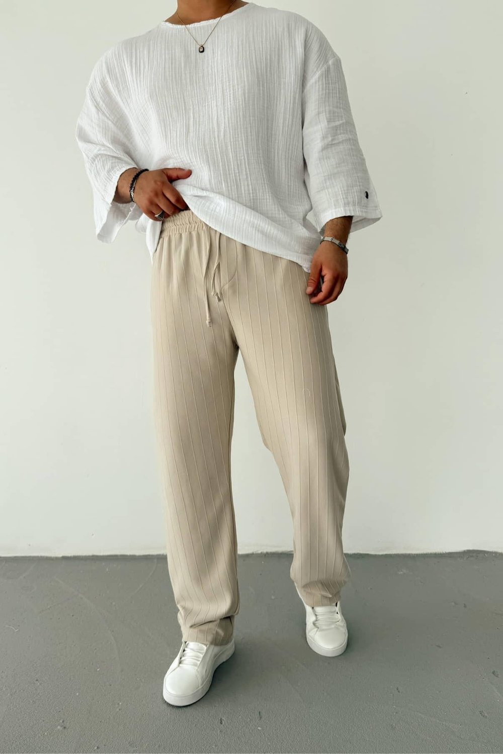 Krem Şeritli Baggy Pantolon