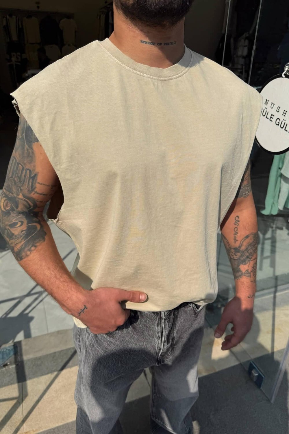 Krem Sıfır Kol T-Shirt