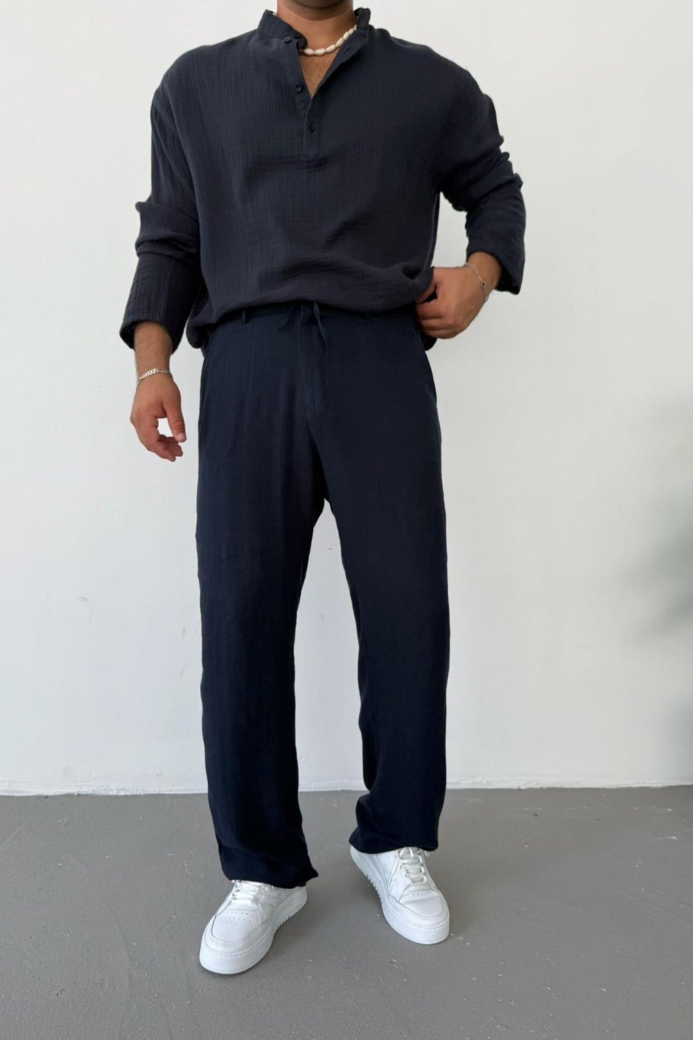 Lacivert Viscon Keten Baggy Pantolon