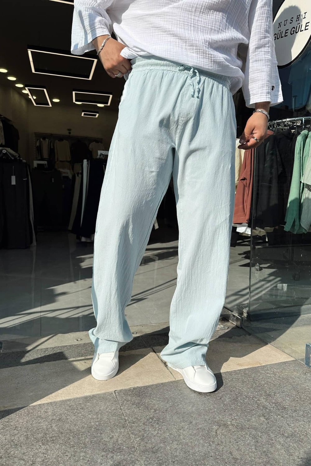 Mavi Bol Kalıp Keten Pantolon
