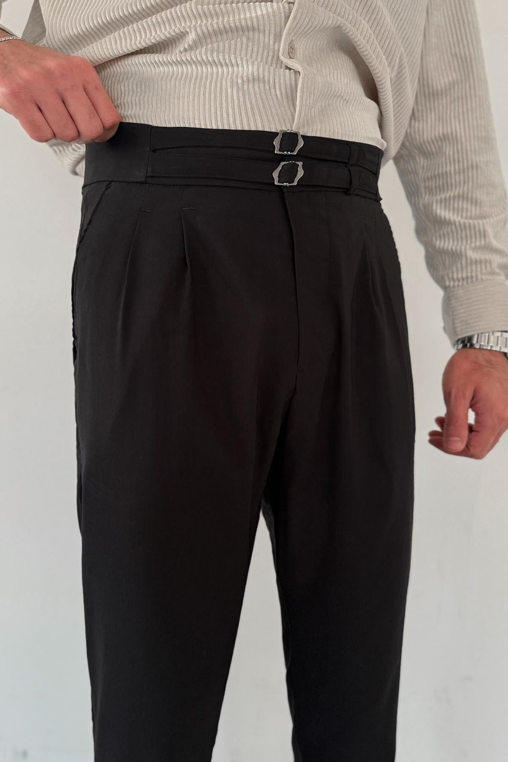 Siyah Çift Kemerli Gabardin Pantolon
