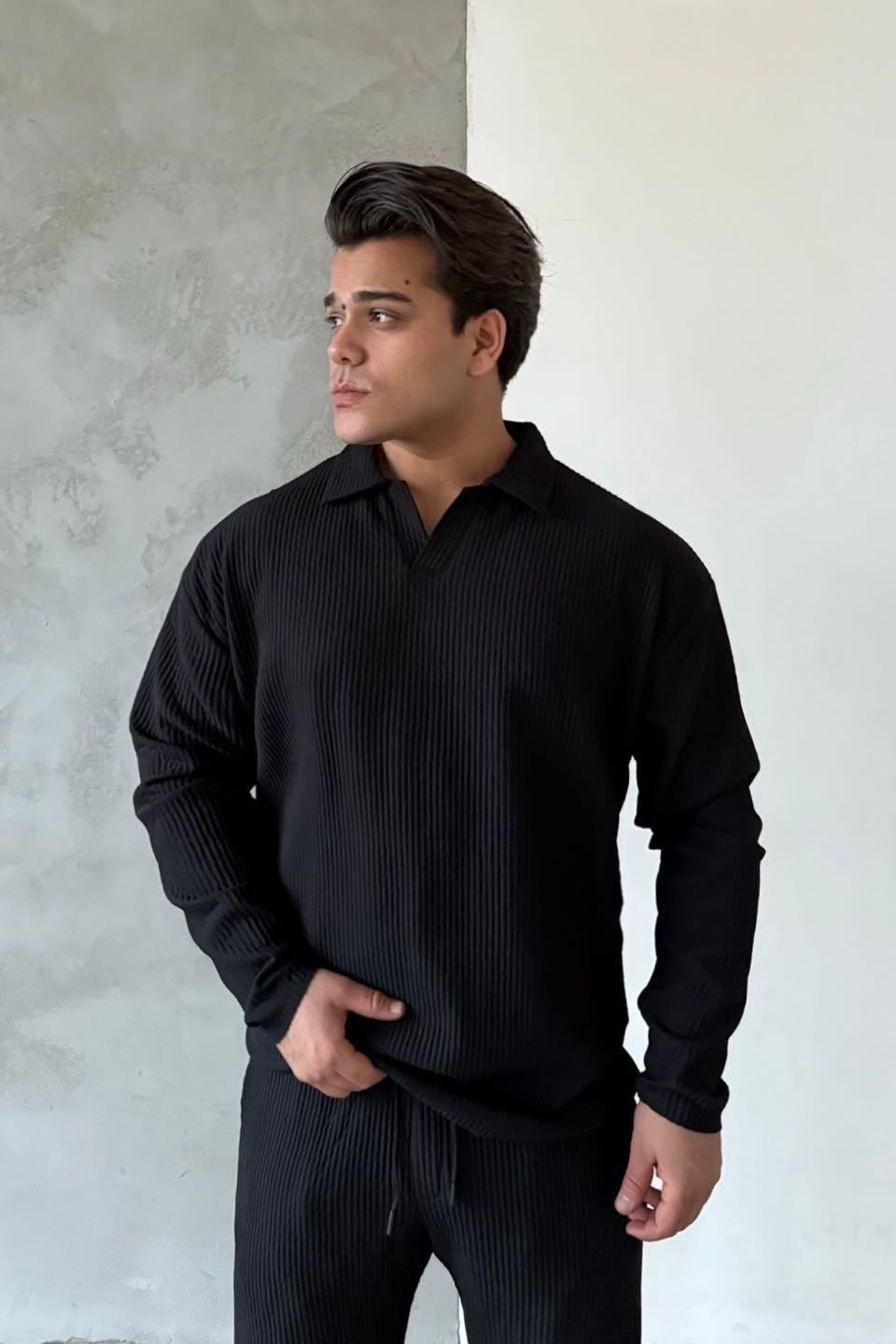 Siyah Ottoman Kumaş Fitilli Polo Yaka Triko