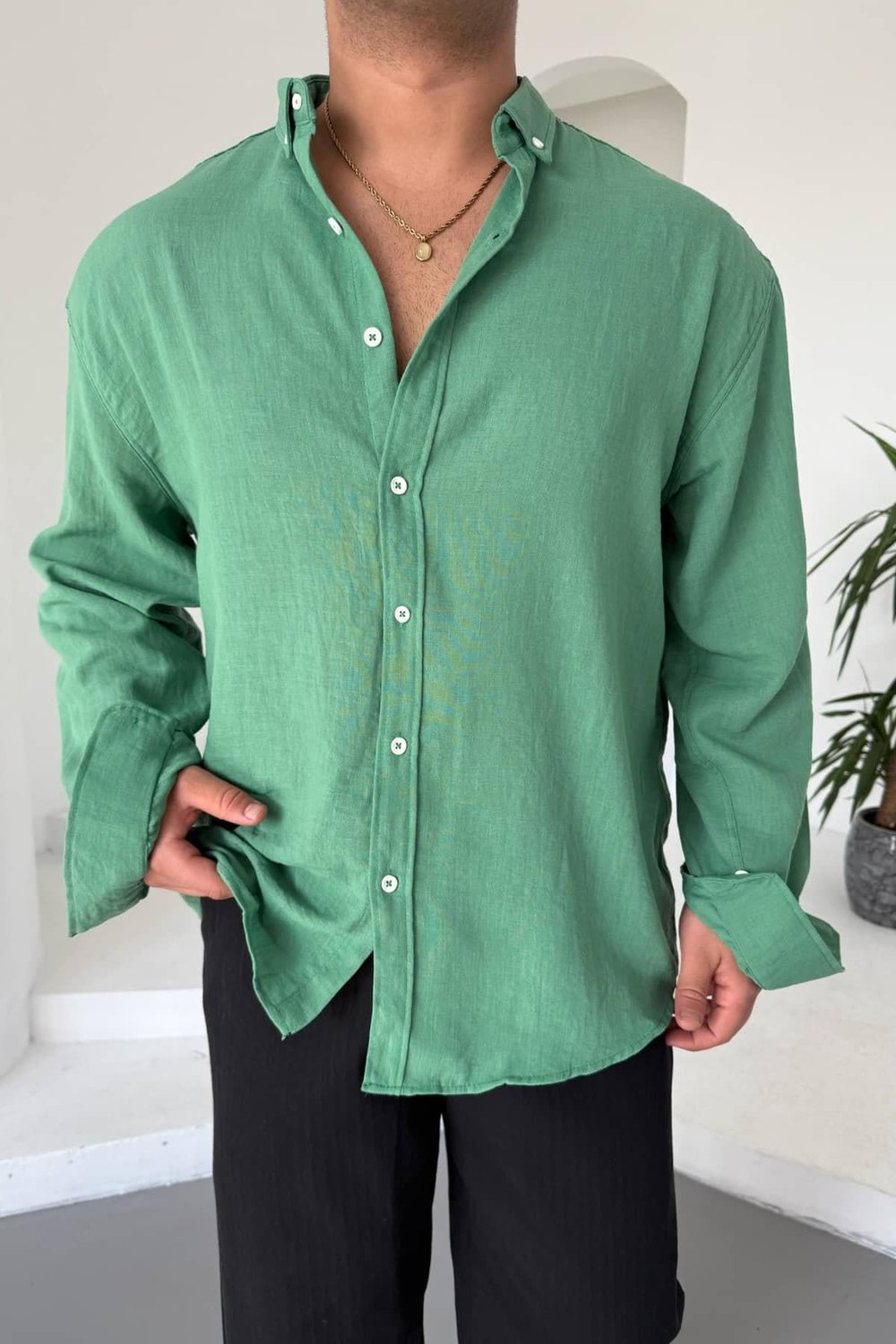 Yeşil Oversize Keten Gömlek