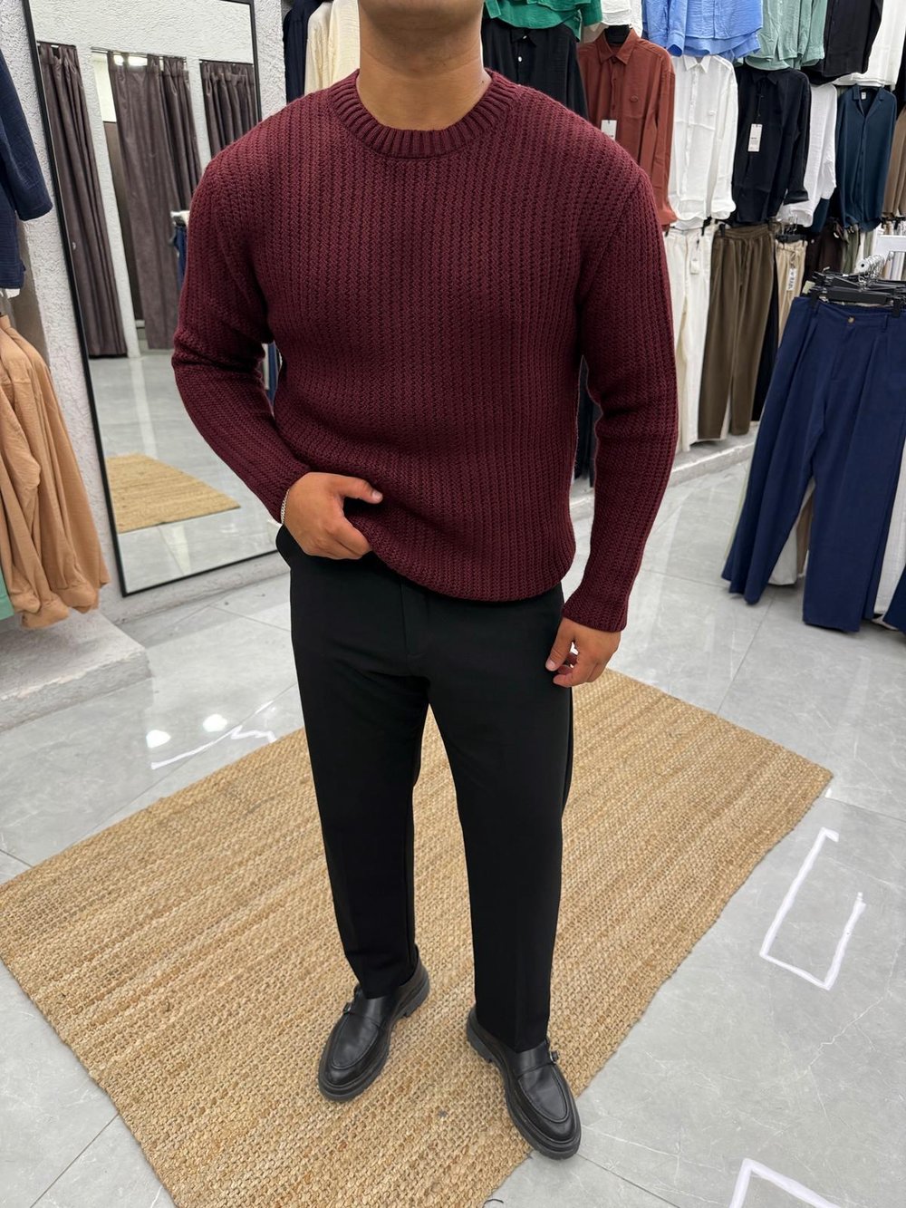 Zikzak Çizgili Kazak Regular Kalıp Bordo