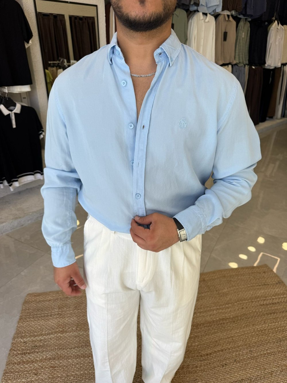 Bebe Mavi Nakış Detaylı Yarım Oversize Gömlek