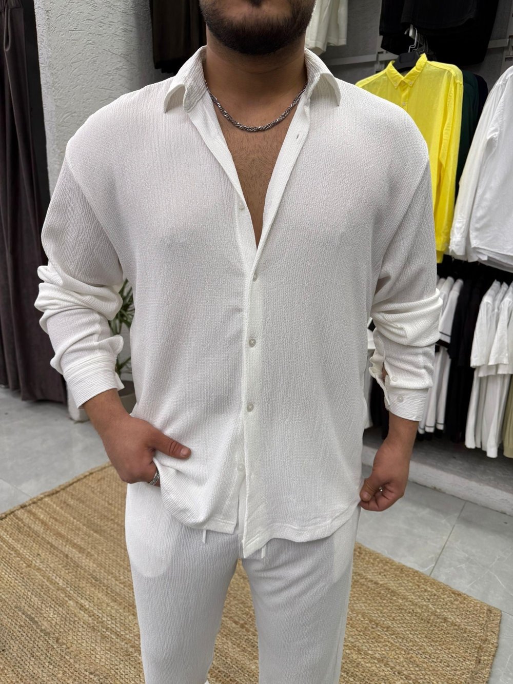 Beyaz Buruşuk Kumaş Oversize Gömlek
