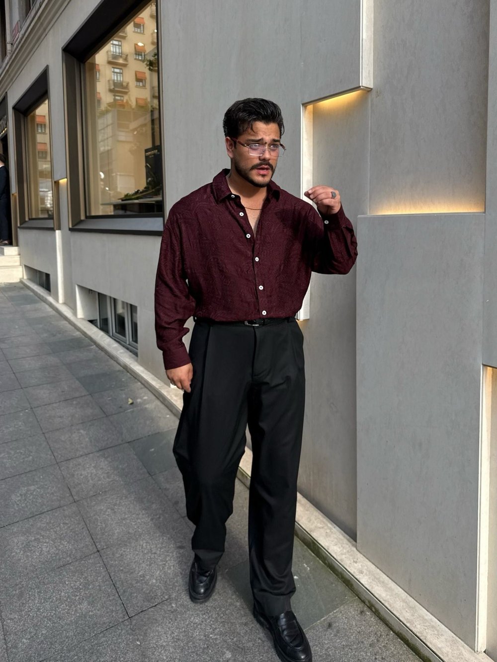Bordo Desenli Oversize Gömlek