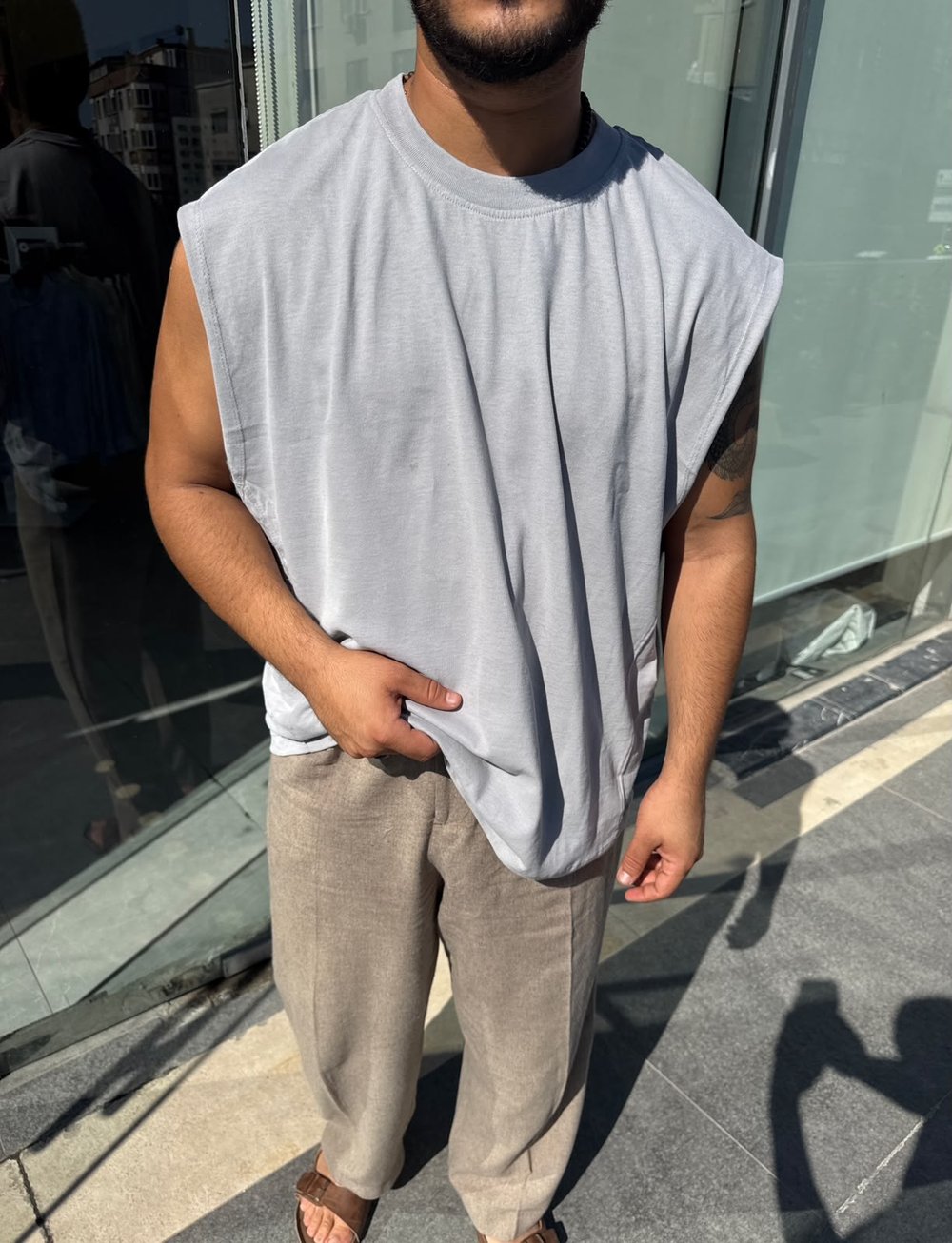 Gri Boxyfit Sıfır Kol T-shirt