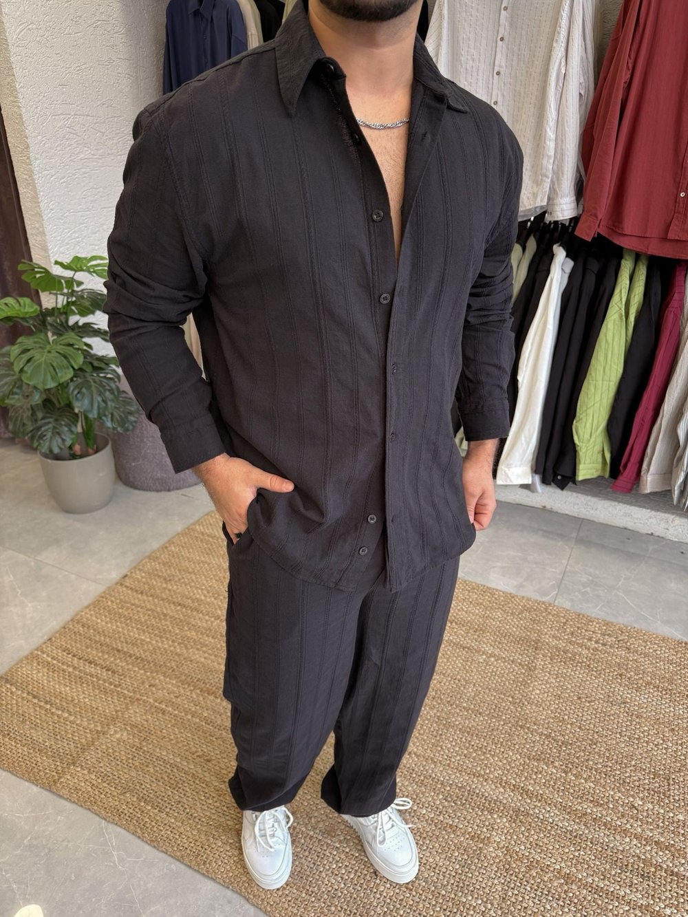 Keten Desenli Oversize Gömlek Siyah