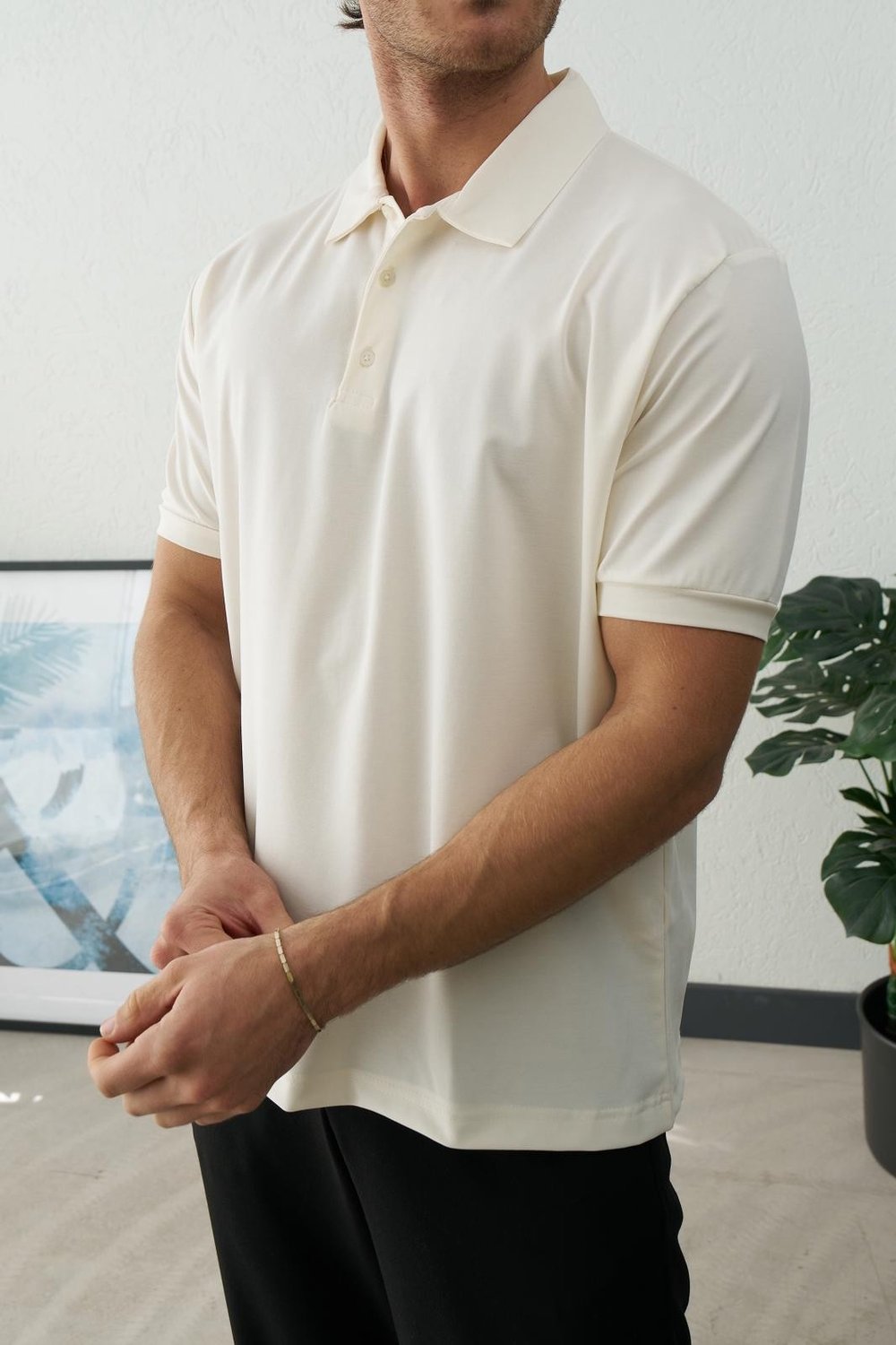 Modal Kumaş Düğmeli Polo Yaka T-shirt Bej