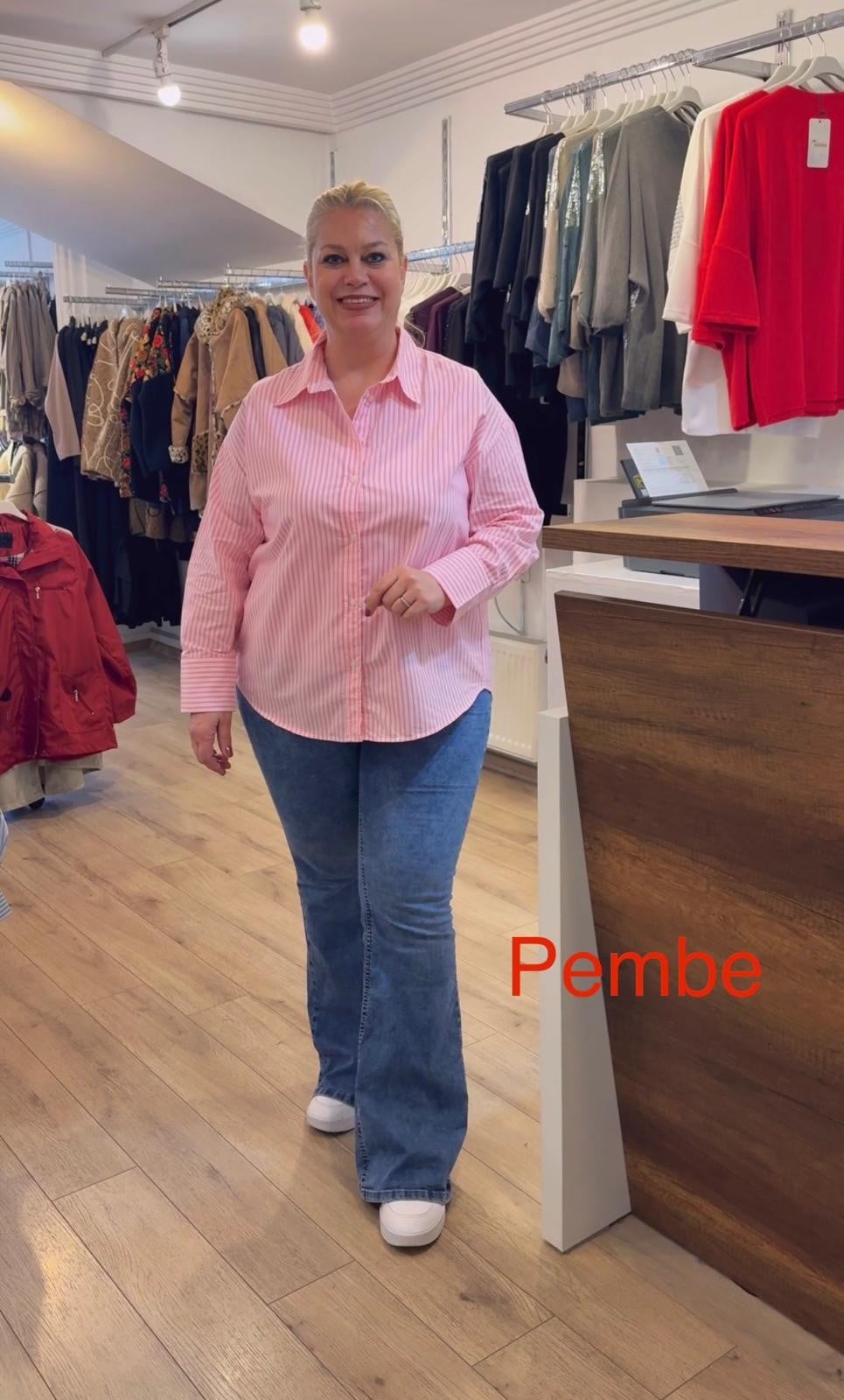 1090 ÇİZGİLİ POPLİN GÖMLEK-PEMBE