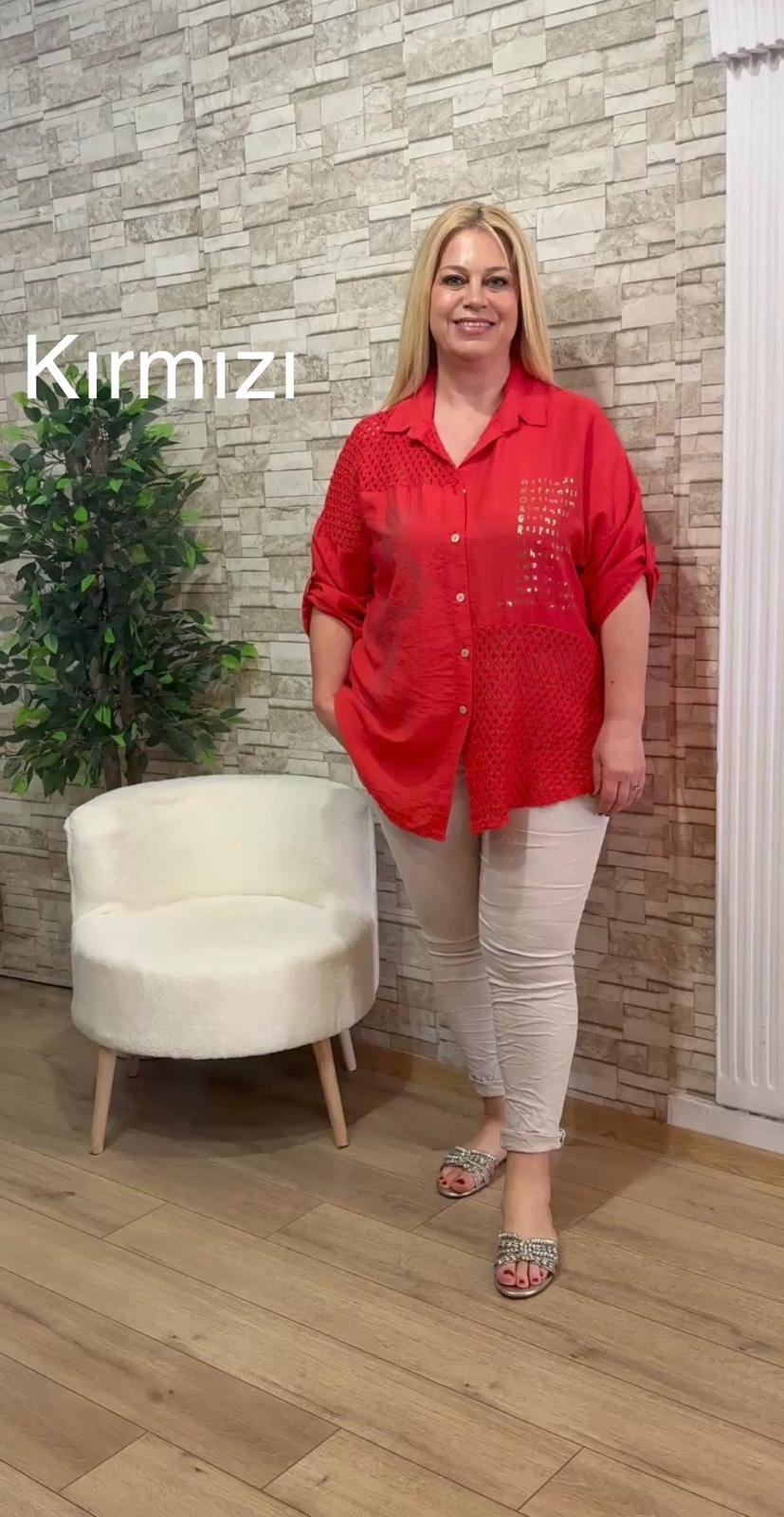 1104 ÖRGÜ DETAYLI PAMUK GÖMLEK-KIRMIZI