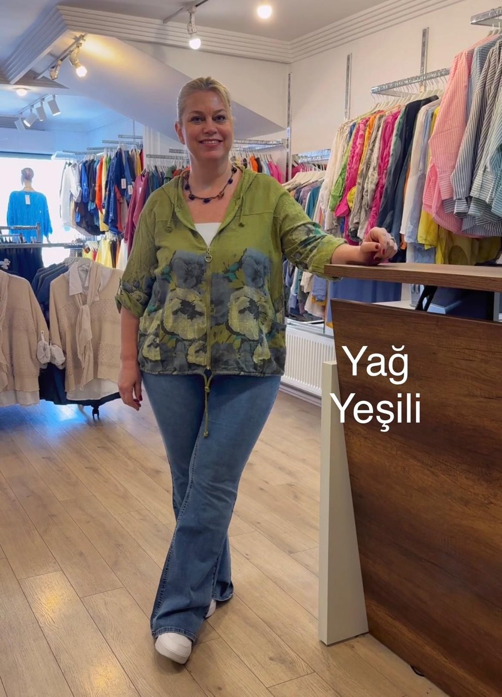 1118 İTALYAN ÇİÇEKLİ PAMUK CEKET-YAĞ YEŞİLİ
