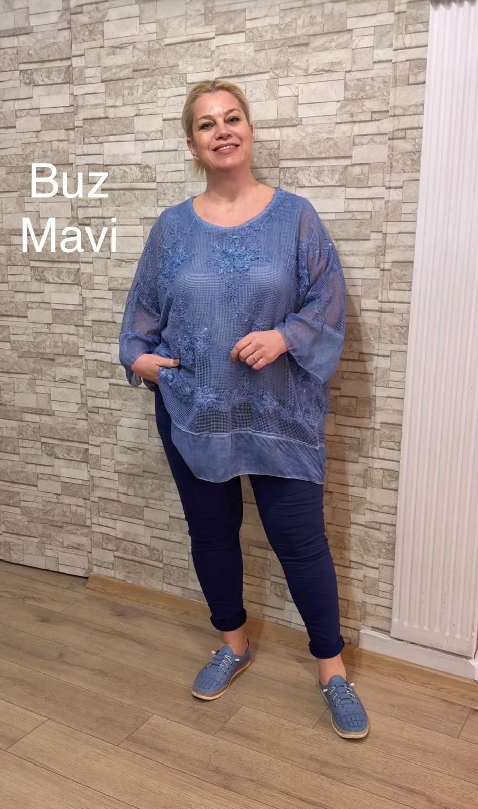 1131 İTALYAN SALAŞ İŞLEMELİ FİLE TUNİK-BUZ MAVİ