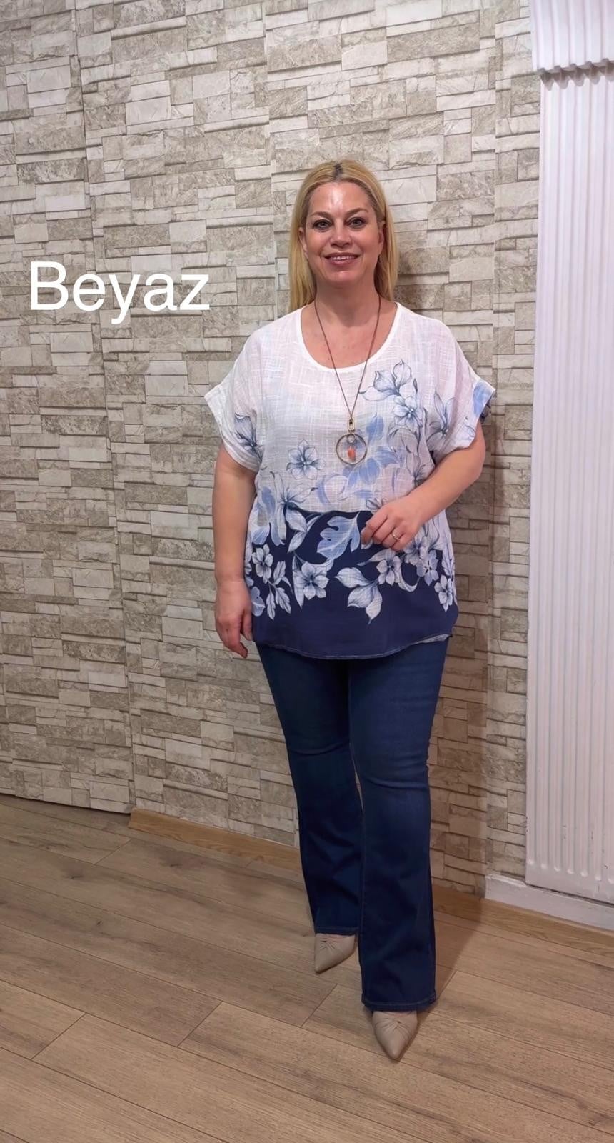 1132 İTALYAN ÇİÇEKLİ KISA KOL BLUZ-BEYAZ