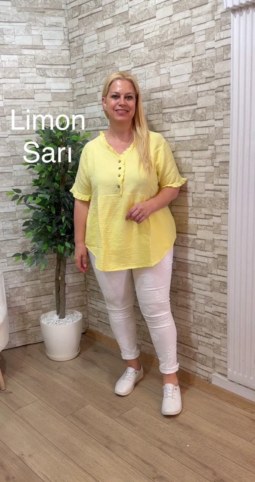 1164 ŞALAŞ KALIP MÜSLİN BLUZ- LİMON SARISI